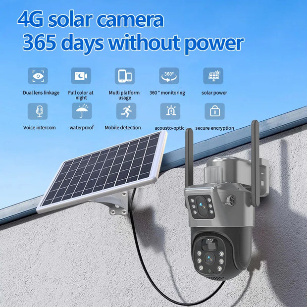 4MP 4G Wireless PTZ Solar Camera Dual Lens Dual Screen Outdoor IP Camera Solar Panel Audio PIR Security Surveillance Camera