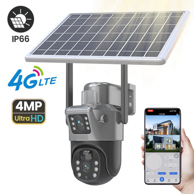 4MP 4G Wireless PTZ Solar Camera Dual Lens Dual Screen Outdoor IP Camera Solar Panel Audio PIR Security Surveillance Camera