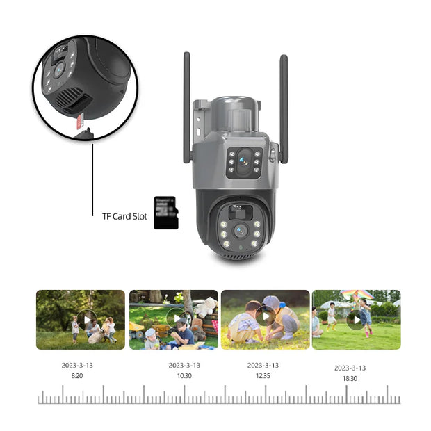 4MP 4G Wireless PTZ Solar Camera Dual Lens Dual Screen Outdoor IP Camera Solar Panel Audio PIR Security Surveillance Camera