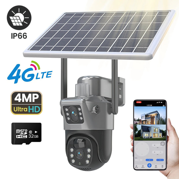 4MP 4G Wireless PTZ Solar Camera Dual Lens Dual Screen Outdoor IP Camera Solar Panel Audio PIR Security Surveillance Camera