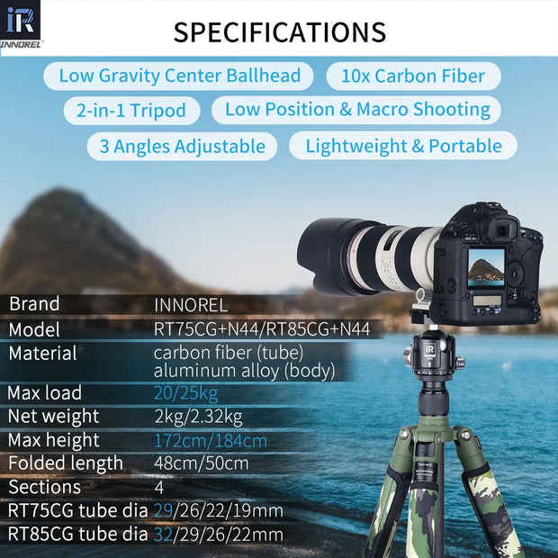 RT75CG/85CG Camouflage Carbon Fiber Tripod Monopod for DSLR Camera and Professional Video Camcorder with Low Profile Ball Head