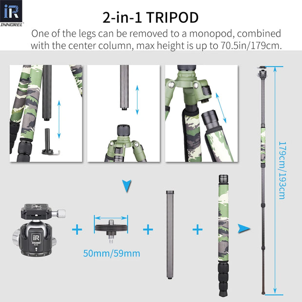 RT75CG/85CG Camouflage Carbon Fiber Tripod Monopod for DSLR Camera and Professional Video Camcorder with Low Profile Ball Head