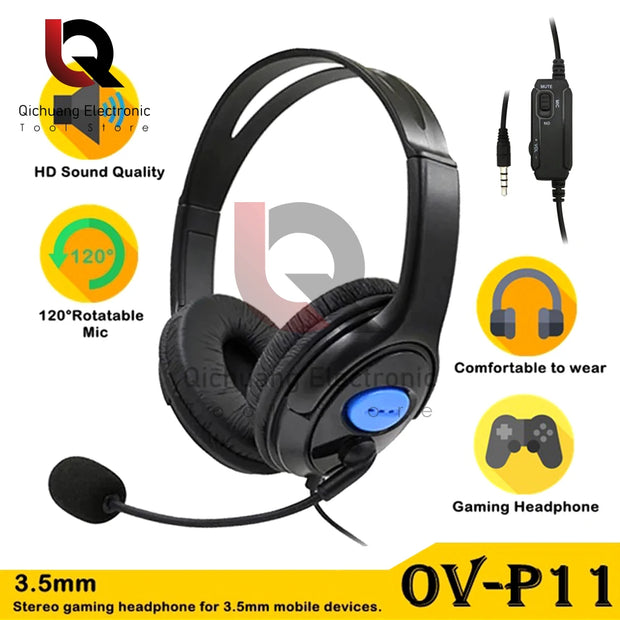 Headphones 3.5mm Wired Gaming Headset Earphones Music For PS4 Play Station 4 Game PC Chat computer With Microphone 120° Rotation