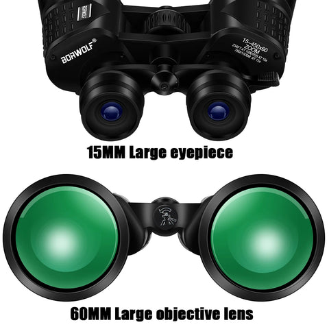 BORWOLF 15-450X60 Binoculars Telescope HD Light Night Vision Bak4 Prism Professional Zoom Powerful for Hunting Bird Watching