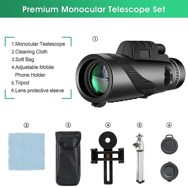 80x100 HD ZOOM Powerful Monocular Telescope Portable Binoculars Long Range Telescope Hunting Camping With Tripod Phone Clip