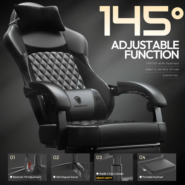 Gaming Chair - Ergonomic High Back Leather Computer Chair with Massage Lumbar Support, Footrest, and Pocket Spring Cushion