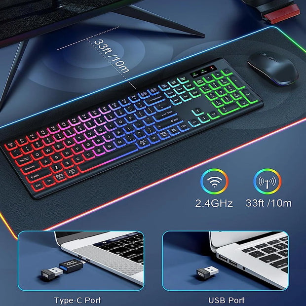 Wireless Keyboard and Mouse Combo RGB Backlit, Rechargeable Light Up Letters, Full-Size, Ergonomic, Sleep Mode, 2.4GHz