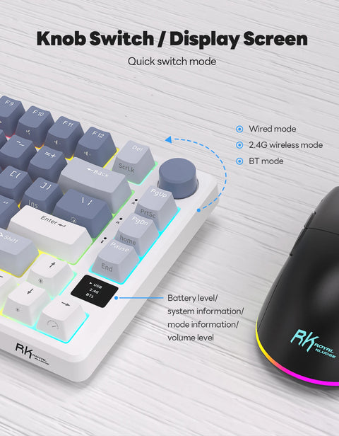 M75 RK ROYAL KLUDGE 2.4G Wireless/Bluetooth/USB-C Mechanical Keyboard 81Keys RGB Hot-Swappable Gasket Gamer Keyboard with Screen