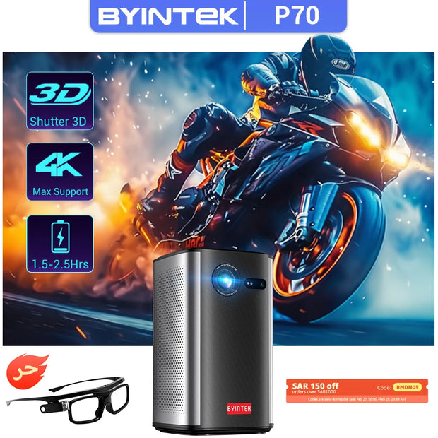 BYINTEK P70 Projector 4K 1080P DLP Mini Portable Projector Home Theater Smart Wi-Fi & Bluetooth for Movies & Gaming With Battery