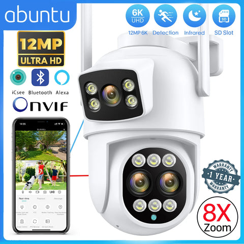 12MP 6K WiFi IP Camera Outdoor 8X Zoom Dual Screens 6MP PTZ Wifi Surveillance Camera Night Vision ICSEE APP CAM Human Detection