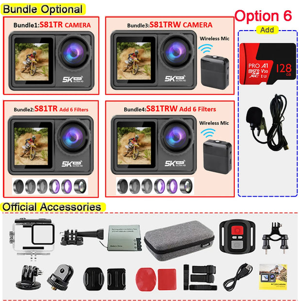 S81TRW Action Camera 5K 4K60FPS 48MP EIS DVR Webcam 2" IPS Dual Screen Optional 6 Filter Wireless Microphone Wi-Fi Sports Cam