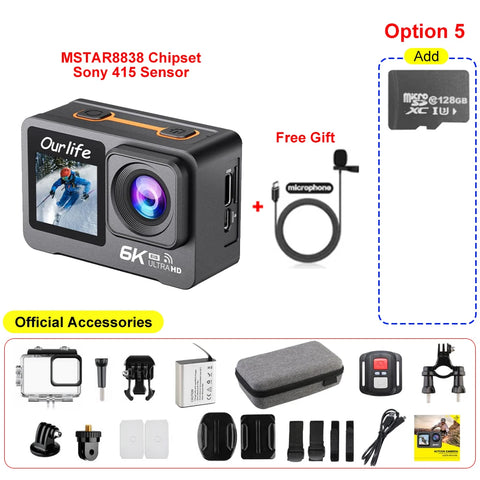 6K 4K60FPS Action Camera 50MP 2.0 Touch LCD Dual Screen EIS WiFi 170° DVR 30M Waterproof 5X Zoom Sport Camera With Remote