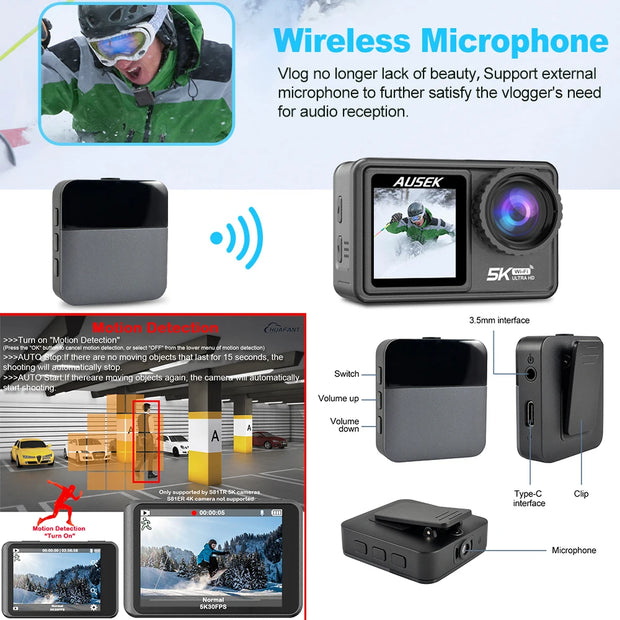 S81TRW Action Camera 5K 4K60FPS 48MP EIS DVR Webcam 2" IPS Dual Screen Optional 6 Filter Wireless Microphone Wi-Fi Sports Cam