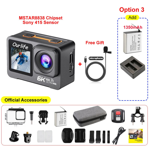 6K 4K60FPS Action Camera 50MP 2.0 Touch LCD Dual Screen EIS WiFi 170° DVR 30M Waterproof 5X Zoom Sport Camera With Remote