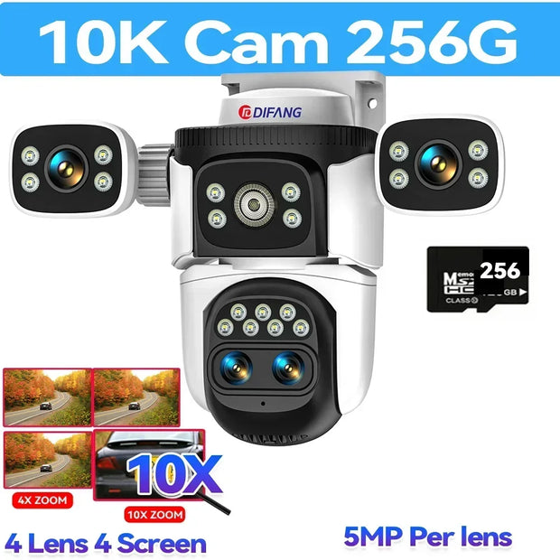 10K Home Security WiFi Camera Four Lens Four Screen  360° 10X Optical Zoom CCTV  Auto Tracking 20MP Wireless Surveillance IP Cam