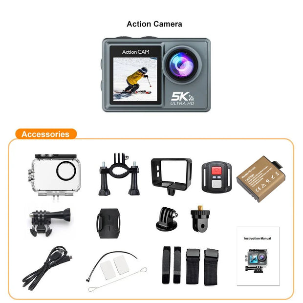 5K Action Camera 4K60FPS Dual IPS Touch LCD WiFi 170° 30M Waterproof 5X Zoom Anti-shake Sports Camera With Remote Control