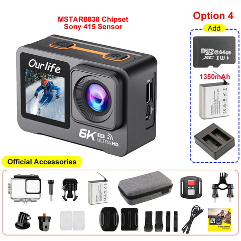 6K 4K60FPS Action Camera 50MP 2.0 Touch LCD Dual Screen EIS WiFi 170° DVR 30M Waterproof 5X Zoom Sport Camera With Remote