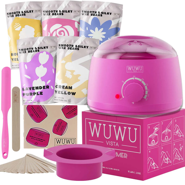 Waxing Kit WUWUVISTA Hair Removal Wax Kit Wax Melt Warmer Waxing Beads Face/Brazilian/Full Body/Bikini/Sensitiive skin(19 items)