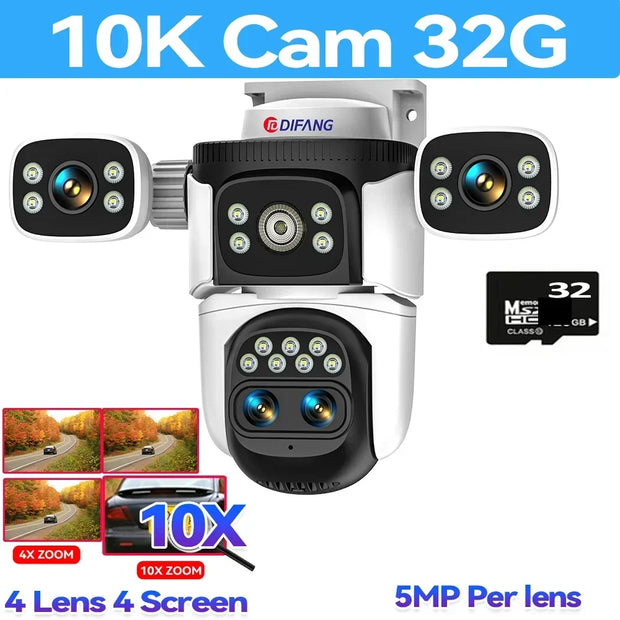 10K Home Security WiFi Camera Four Lens Four Screen  360° 10X Optical Zoom CCTV  Auto Tracking 20MP Wireless Surveillance IP Cam