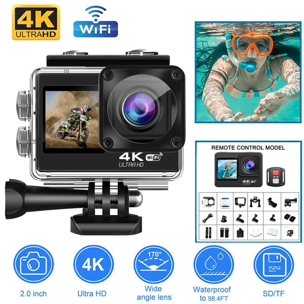 4K Action Camera 60FPS 16MP 2.0 Touch LCD EIS Dual Screen Wi-Fi 170D 30m Waterproof Remote Control 4X Zoom Go Sports Pro Cam