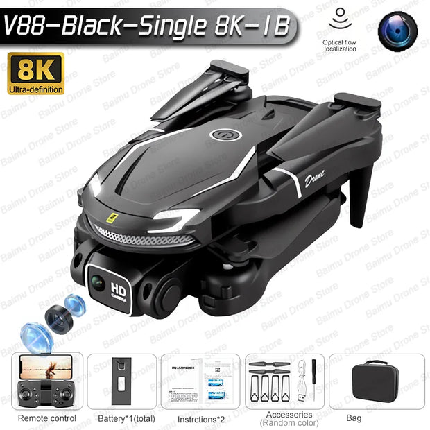 V888 Drone 8K GPS Triple Camera Professional Obstacle Avoidance Optical Flow Positioning Brushless V88 Upgraded RC Quadcopter