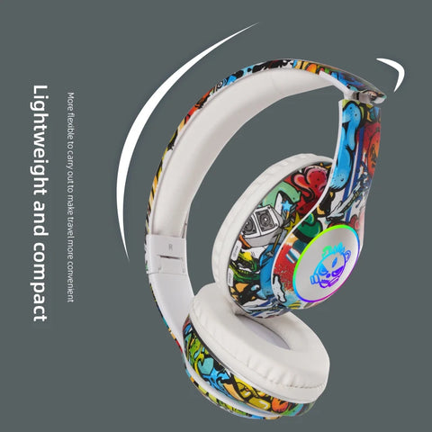 Graffiti Bluetooth Headphones Wireless RGB LED Light Gaming Headsets With Mic Low Latency For Kids Boy Girl Gift Support TF Card