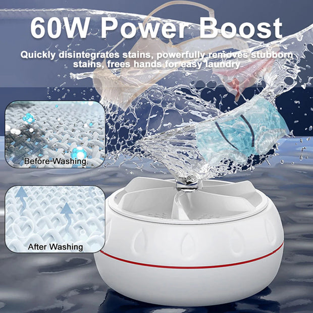 60W Portable Turbo Washing Machine Hight Power Mini Ultrasonic Washer for Baby Clothes Underwear Socks Business Trip Travel USB