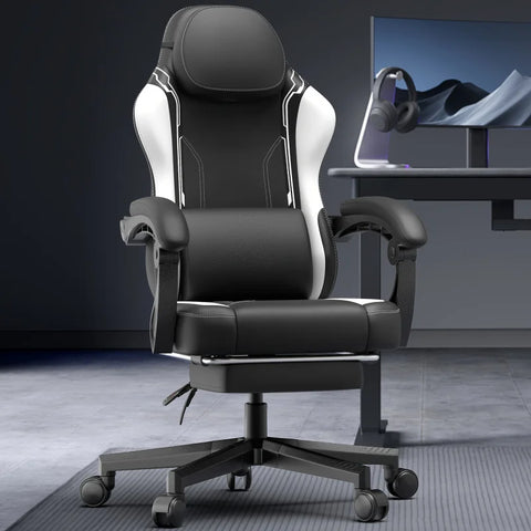 Gaming Chair - Ergonomic High Back Leather Computer Chair with Massage Lumbar Support, Footrest, and Pocket Spring Cushion