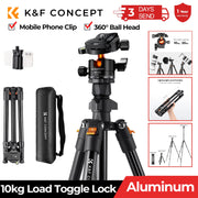 K&F CONCEPT Portable Aluminum Travel Tripod 22lbs/10kg Load Reflexible Toggle Lock Camera Tripod For DSLR Smartphone Video Stand