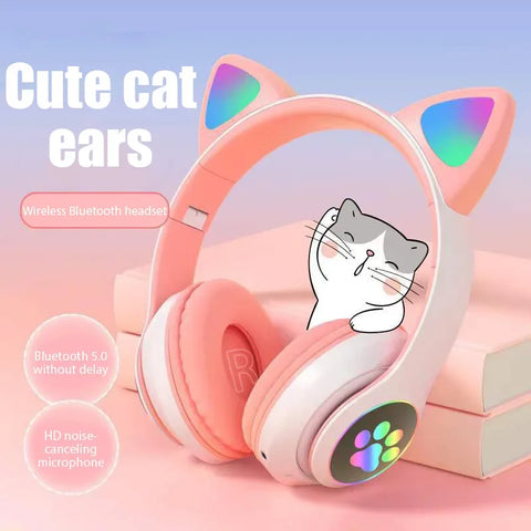 P47M Wireless Headphone Flash Light Cute Cat Bluetooth with Mic Control LED Stereo Music Helmet Phone Bluetooth Headset Gift