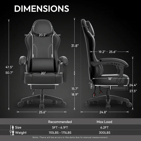 Gaming Chair - Ergonomic High Back Leather Computer Chair with Massage Lumbar Support, Footrest, and Pocket Spring Cushion