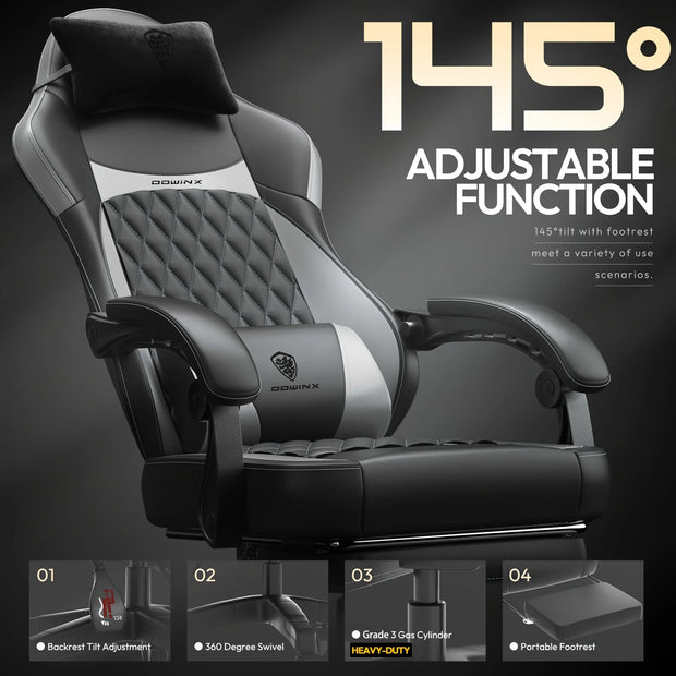 Gaming Chair - Ergonomic High Back Leather Computer Chair with Massage Lumbar Support, Footrest, and Pocket Spring Cushion