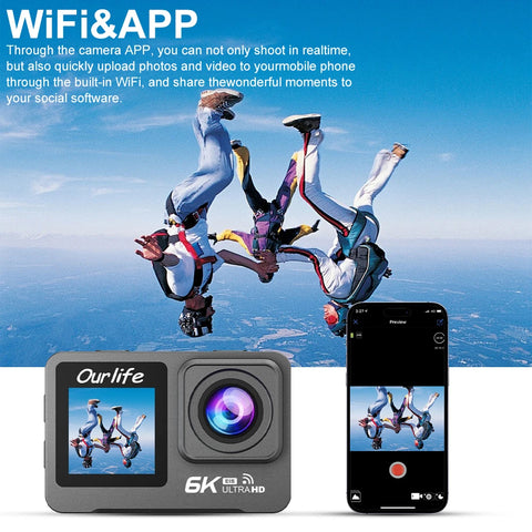 6K 4K60FPS Action Camera 50MP 2.0 Touch LCD Dual Screen EIS WiFi 170° DVR 30M Waterproof 5X Zoom Sport Camera With Remote