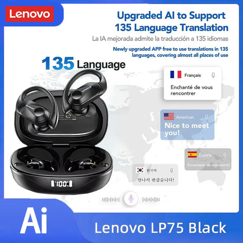 Lenovo LP75 Language Translation Earphones HD Call Noise Cancelling Headphones for Learning Travel Real Time Translator Earbuds