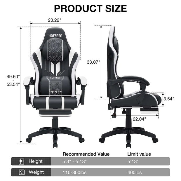 Gaming Chair Office Chair Ergonomic Bluetooth Speaker LED Lights Massage  Adjustable Height Armrests Headrest Lumbar Support