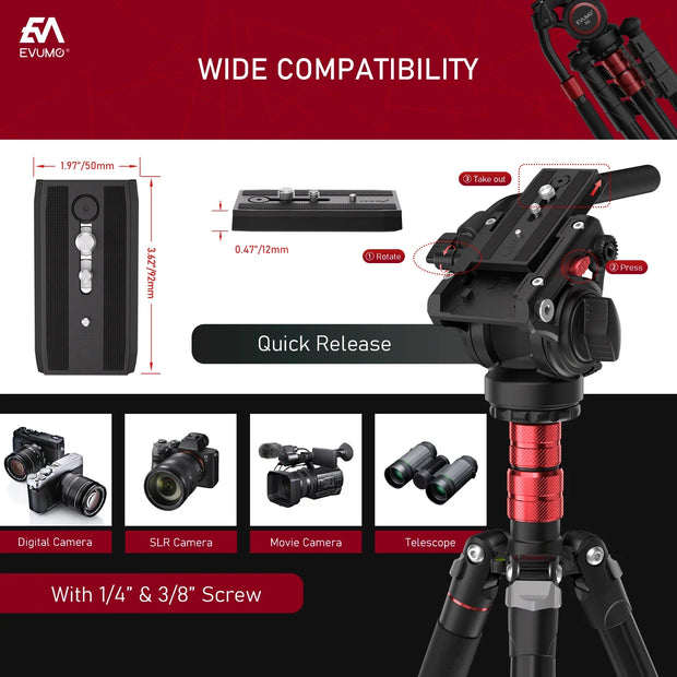 EVUMO GF4 2M Camera Tripod Stand Aluminum Alloy 360° Horizontal Fluid Head Tripod Max Load 12kg Arca Swiss Plate for DSLR Camera