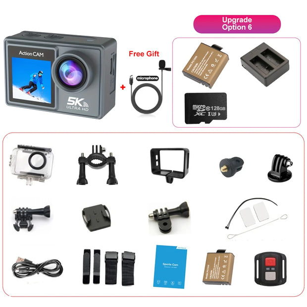 5K Action Camera 4K60FPS Dual IPS Touch LCD DVR EIS 170° 30M Waterproof 5X Zoom Sport Camera With Wireless Mic&Remote Control