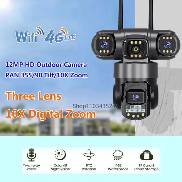 3 Lens Video Surveillance Camera Wifi Network CCTV Camera 4G SIM Card Wireless 360 Monitor Outdoor Waterproof Security Cameras