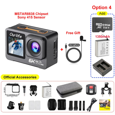 6K 4K60FPS Action Camera 50MP 2.0 Touch LCD Dual Screen EIS WiFi 170° DVR 30M Waterproof 5X Zoom Sport Camera With Remote