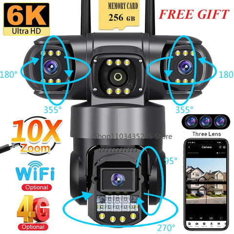 3 Lens Video Surveillance Camera Wifi Network CCTV Camera 4G SIM Card Wireless 360 Monitor Outdoor Waterproof Security Cameras