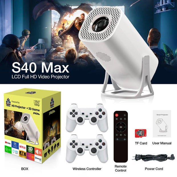 S40 Max Projector Bluetooth Android 11 Proyector With 2 Wireless Controllers Vedio Game Console Built-in 3000 Games