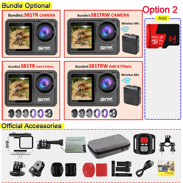 S81TRW Action Camera 5K 4K60FPS 48MP EIS DVR Webcam 2" IPS Dual Screen Optional 6 Filter Wireless Microphone Wi-Fi Sports Cam