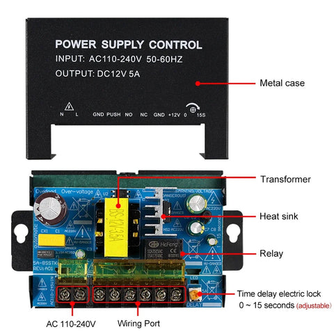 DC 12V Access Control Power Supply Switch 5A 3A Output AC110V-240V Input Power Source Supplier Adapter for Video Intercom System