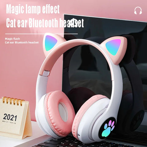 P47M Wireless Headphone Flash Light Cute Cat Bluetooth with Mic Control LED Stereo Music Helmet Phone Bluetooth Headset Gift