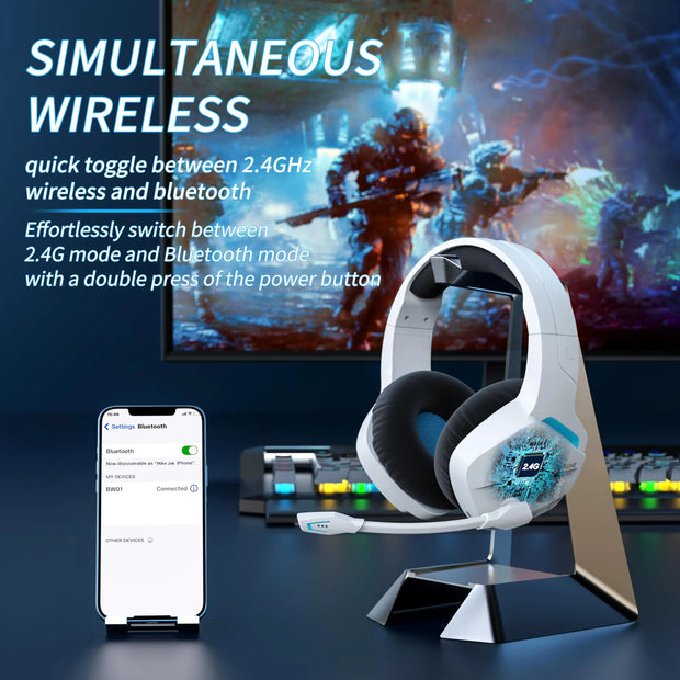 BINNUNE BW01 Wireless Gaming Headset  for PC PS4 PS5 Playstation 4 5, 2.4G Wireless Bluetooth USB Gamer Headphones with Mic