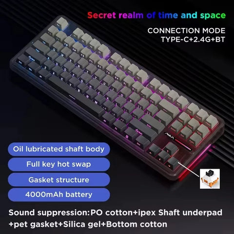 Aula F87 Pro Wireless Gasket Mechanical Keyboard 87 Keys Compact TKL Tri-Mode BT/2.4G/Tpye-C RGB Gaming Keyboard Hot Swappable