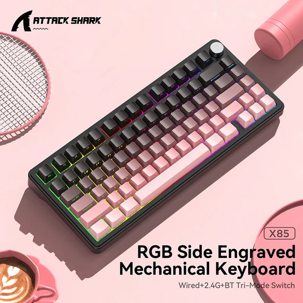 Attack Shark X85 Mechanical Keyboard RGB 3 Mode Wireless Bluetooth Hot-Swappable Sideway Keycaps Gaming Backlight Aluminum Knob