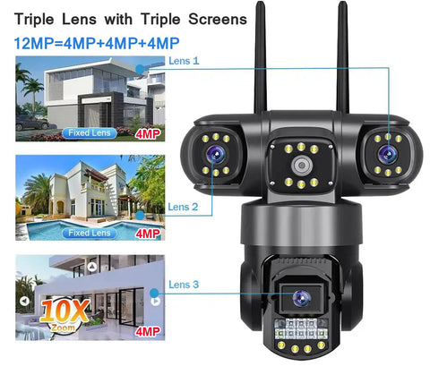 V380 Pro WiFi IP Camera Outdoor 12MP 6K Triple Lenses Triple Screens Security Video Monitor Night Vision Waterproof CCTV Cameras