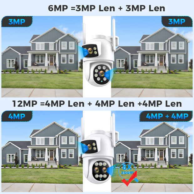 12MP 6K WiFi IP Camera Outdoor 8X Zoom Dual Screens 6MP PTZ Wifi Surveillance Camera Night Vision ICSEE APP CAM Human Detection