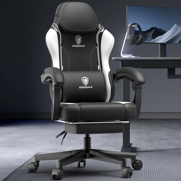 Gaming Chair - Ergonomic High Back Leather Computer Chair with Massage Lumbar Support, Footrest, and Pocket Spring Cushion